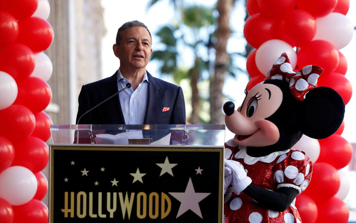 Disney CEO Bob Iger speaks next to the character of Minnie Mouse at the unveiling of her star on the Hollywood Walk of Fame in Los Angeles, January 22, 2018. REUTERS/Mario Anzuoni