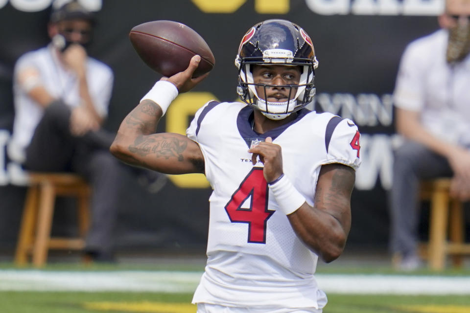 Houston Texans quarterback Deshaun Watson (4) passes against the Houston Texans in the first half of an NFL football game, Sunday, Sept. 27, 2020, in Pittsburgh. (AP Photo/Gene J. Puskar)