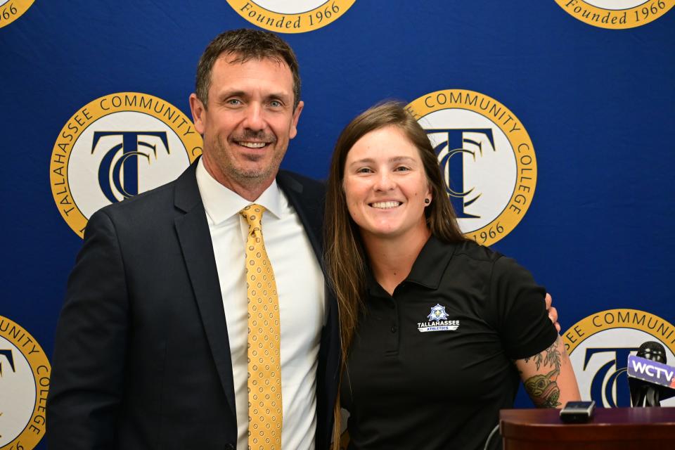 Tallahassee Community College director of athletics Chuck Moore and head softball coach Brynn Baca takes a photo at the Eagles' Fieldhouse in Tallahassee, Florida, Thursday, July 20, 2023