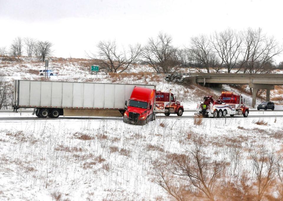 Traffic was rerouted on the eastbound lane of Interstate 80 near Adel, Iowa, after a semi truck jackknifed and took up both lanes of the freeway on  Jan. 17, 2020. The accident was related to a winter storm, which dumped several inches of snow across much of central and northern Iowa.