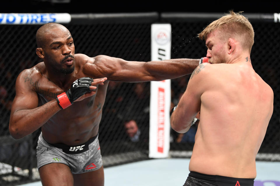 Jon Jones punches Alexander Gustafsson in their light heavyweight title bout during the UFC 232 event inside The Forum on Dec. 29, 2018 in Inglewood, California. (Getty Images)