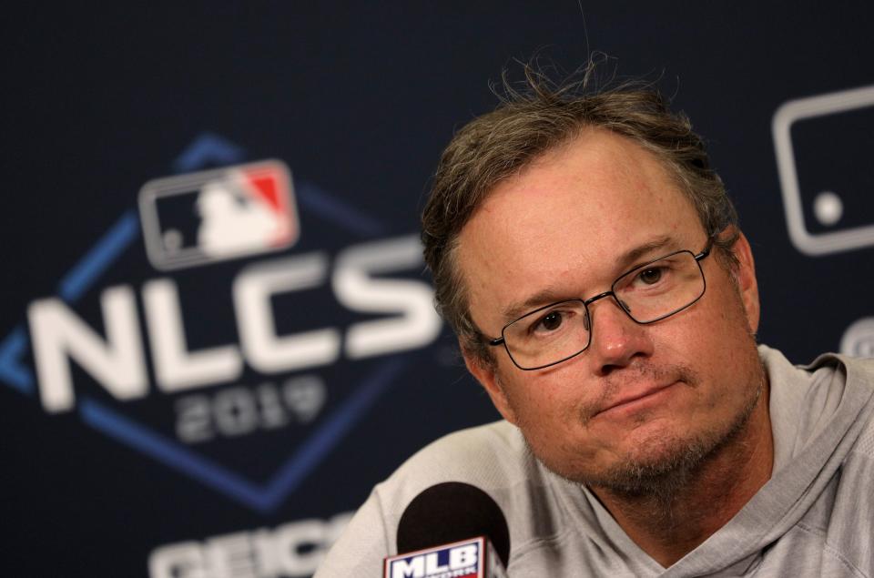 St. Louis Cardinals manager Mike Shildt speaks to media Thursday, Oct. 10, 2019, following a baseball practice session before the National League Championship Series against the Washington Nationals in St. Louis. (Christian Gooden/St. Louis Post-Dispatch via AP)