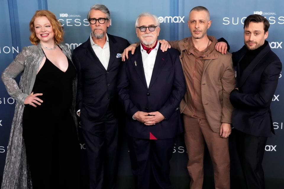 Sarah Snook, from left, Alan Ruck, Brian Cox, Jeremy Strong and Kieran Culkin attend the premiere of HBO’s “Succession” season four at Jazz at Lincoln Center (Charles Sykes/Invision/AP)
