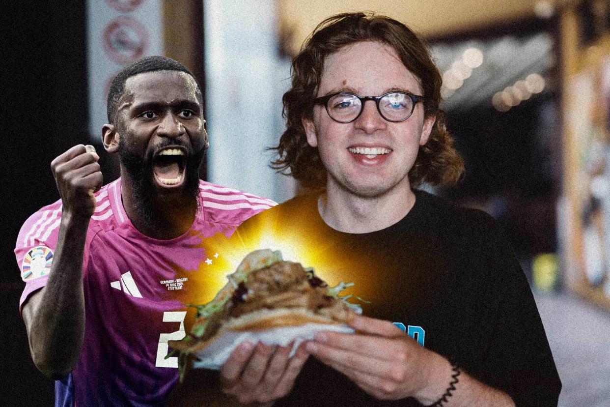 Fußballnationalspieler Antonio Rüdiger (l.) schwört auf den Döner des Berliner Imbiss-Restaurants "Hisar Fresh Food". Unser Autor Marlon Jungjohann (r.) hat ihn getestet. - Copyright: picture alliance / Jens Niering | Jens Niering, Samira Joy Frauwallner für Business Insider, Dominik Schmitt (Collage)