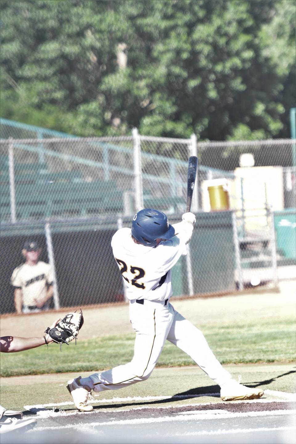 Spradley Collegians shortstop Kyle Jamison swings during a 2022 game in Pueblo, Colo.