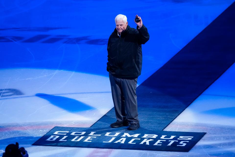 Apr 4, 2024; Columbus, Ohio, USA; Former Columbus Blue Jackets head coach Ken Hitchcock prepares for a ceremonial puck drop prior to the NHL hockey game between the Blue Jackets and the New York Islanders at Nationwide Arena.