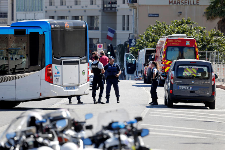 <p>French police secure the area in the French port city of Marseille, France, Aug. 21, 2017 where one person was killed and another injured after a car crashed into two bus shelters, a French police source told Reuters on Monday. (Photo: Philippe Laurenson/Reuters) </p>