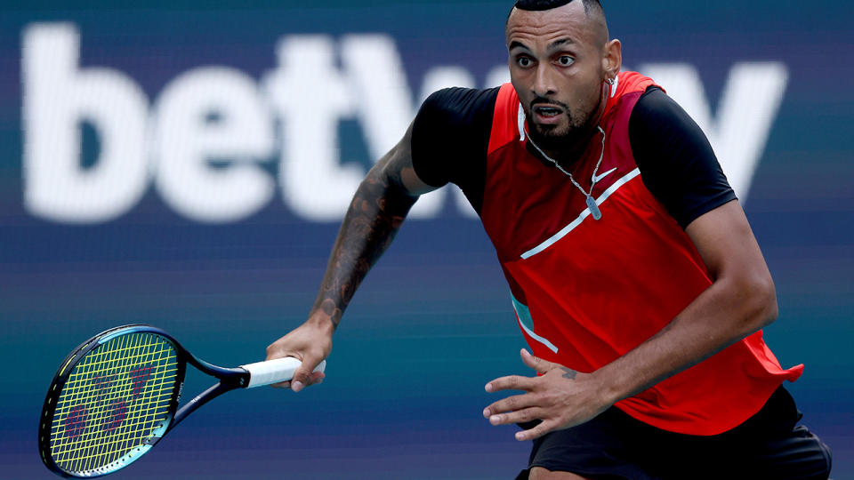 Nick Kyrgios shrugged off a $33,000 ATP fine on Saturday morning to blast past world No.7 Andrey Rublev in straight sets at the Miami Open. (Photo by Matthew Stockman/Getty Images)