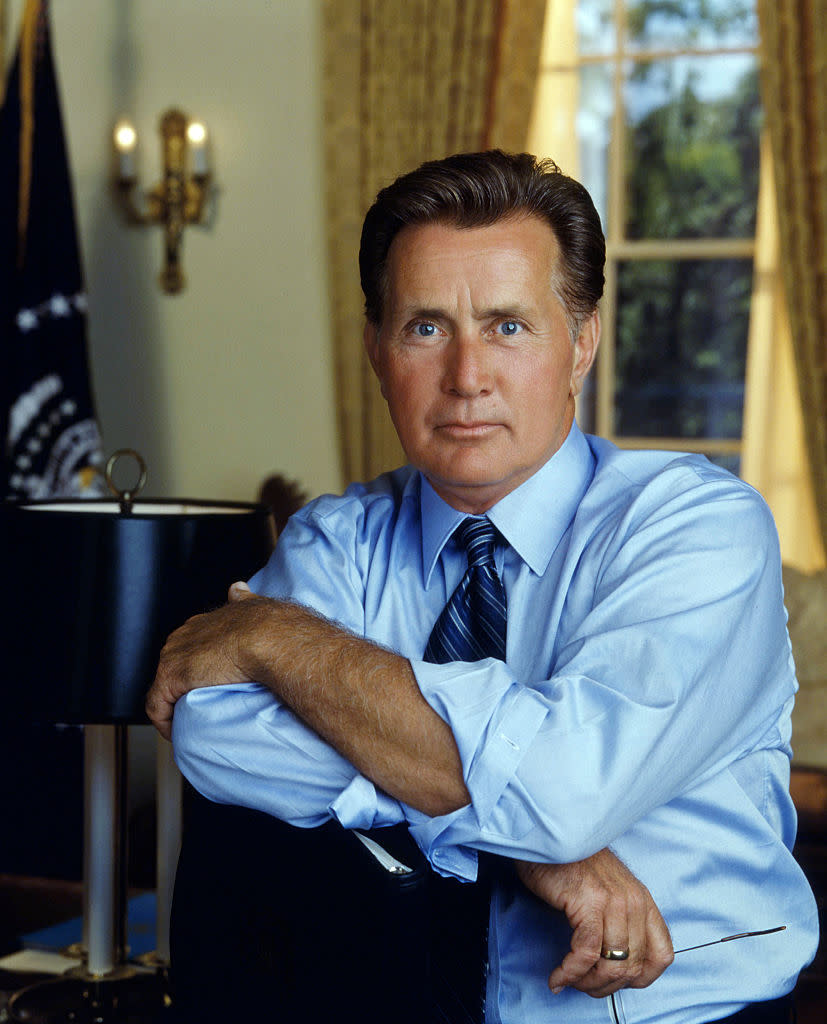 Pictured is Martin Sheen posing on set of The West Wing as President Josiah "Jed" Bartlet.