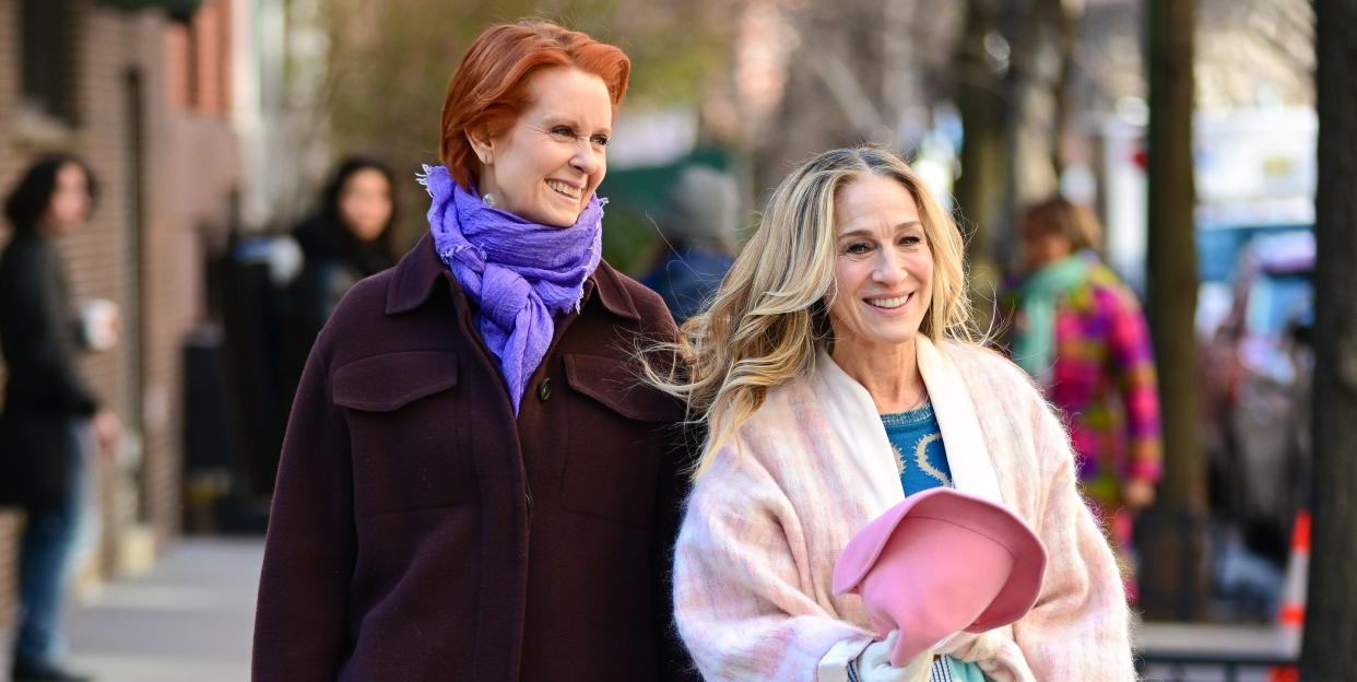 new york, new york february 02 cynthia nixon and sarah jessica parker are seen on the set of and just like that season 2, the follow up series to sex and the city in the greenwich village on february 02, 2023 in new york city photo by james devaneygc images