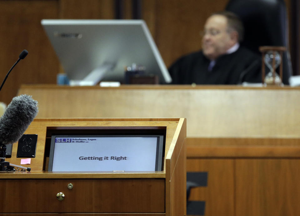 State District Judge John Dietz listens to closing arguments in the second phase of Texas' school finance trial before , Friday, Feb. 7, 2014, in Austin, Texas. (AP Photo/Eric Gay)