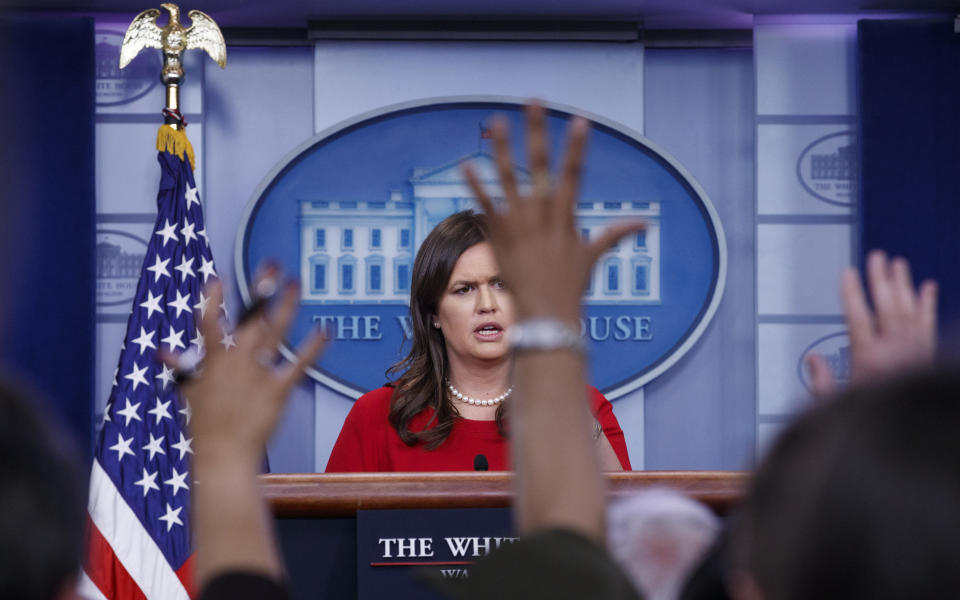 White House press secretary Sarah Sanders speaks during the daily news briefing at the White House on May 3. (Photo: Carolyn Kaster/AP)