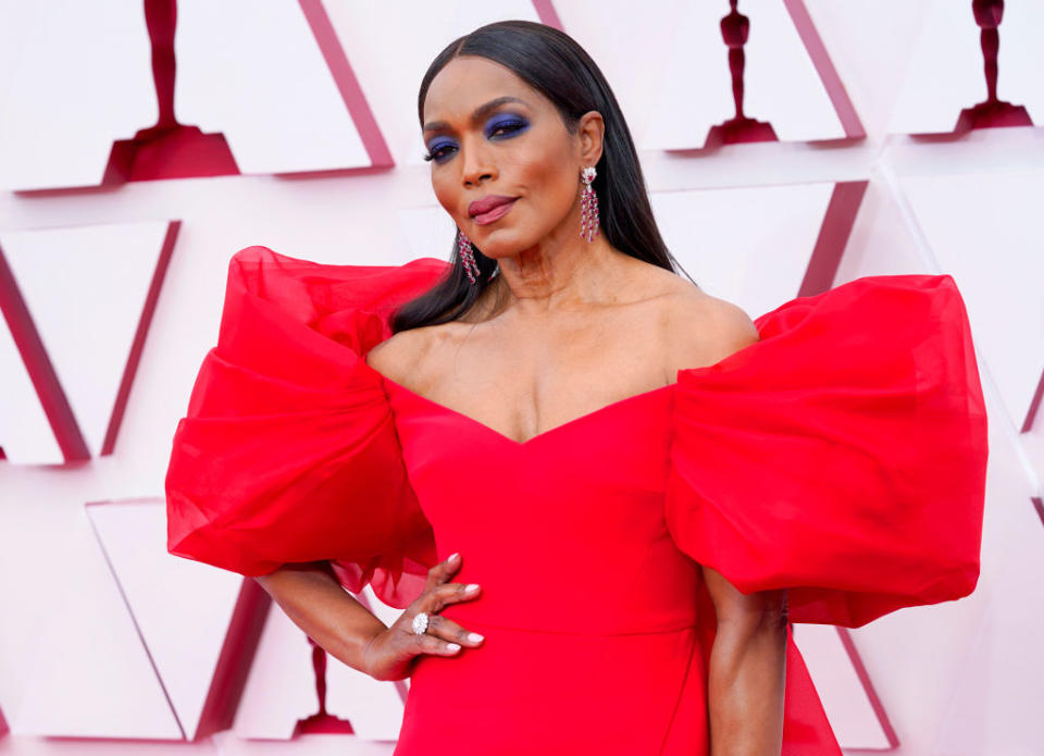 Angela Bassett is often seen opting for a bold make-up look and why the heck not? Pictured in April 2021. (Getty Images)