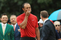 Tiger Woods of the United States reacts during the Green Jacket Ceremony after winning the Masters at Augusta National Golf Club on April 14, 2019 in Augusta, Georgia. (Photo by Mike Ehrmann/Getty Images)