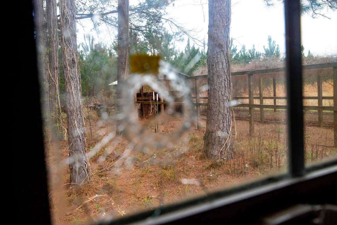 A bullet hole is seen from inside of the feed room at the Murdaugh Moselle property on Wednesday, March 1, 2023 in Islandton. Andrew J. Whitaker/The Post and Courier/Pool