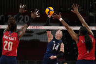 United States' Michelle Bartsch-Hackley hits the ball during the women's volleyball quarterfinal match between Dominican Republic and United States at the 2020 Summer Olympics, Wednesday, Aug. 4, 2021, in Tokyo, Japan. (AP Photo/Frank Augstein)