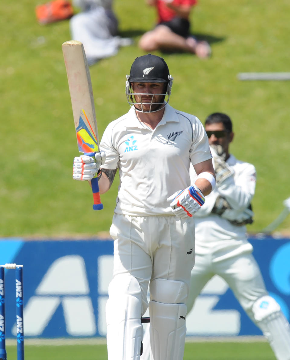 New Zealand’s Brendon McCullum signals his 150 runs against India on the fourth day of the second cricket test at Basin Reserve in Wellington, New Zealand, Monday, Feb. 17, 2014. (AP Photo/SNPA, Ross Setford) NEW ZEALAND OUT