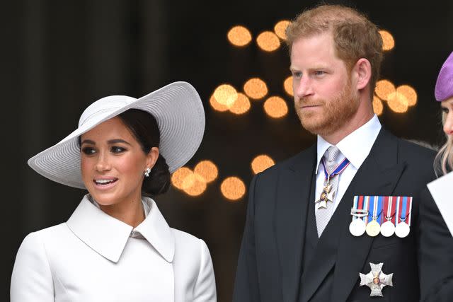 <p>Karwai Tang/WireImage</p> Meghan Markle and Prince Harry attend the Platinum Jubilee in the U.K. in June 2022