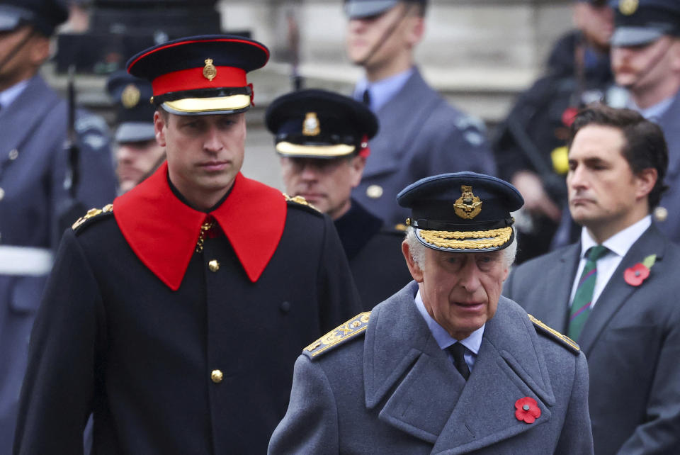 FILE - Britain's King Charles III, right, and Prince William attend the annual Remembrance Sunday ceremony at the Cenotaph in London, Sunday, Nov. 12, 2023. King Charles III has been diagnosed with a form of cancer and has begun treatment, Buckingham Palace says on Monday, Feb. 5, 2024. (Toby Melville/Pool Photo via AP, File)