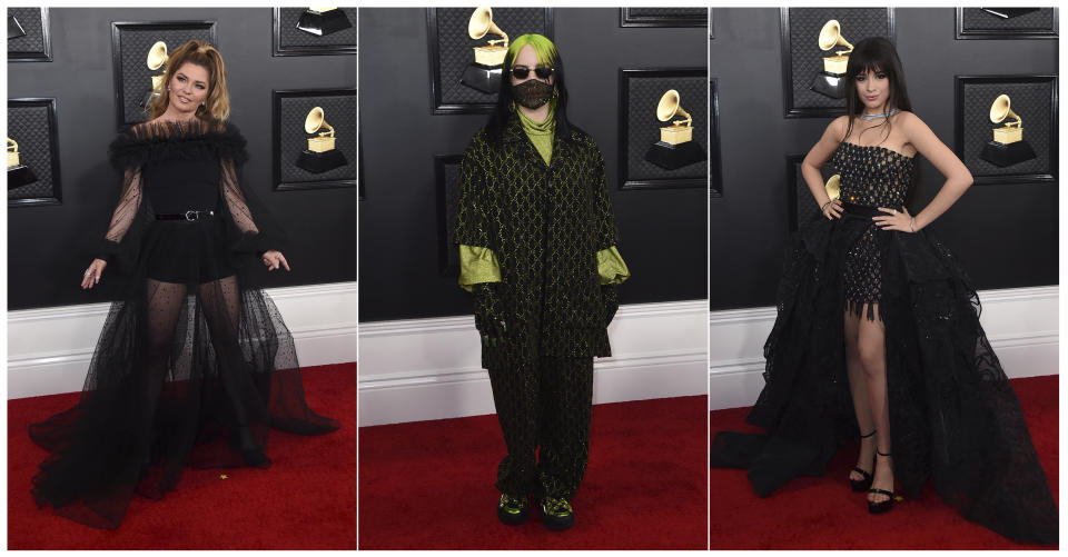 This combination of photos shows fashion worn by Shania Twain, from left, Billie Eilish and Camila Cabello at the 62nd annual Grammy Awards at the Staples Center on Sunday, Jan. 26, 2020, in Los Angeles. (Photos by Jordan Strauss/Invision/AP)