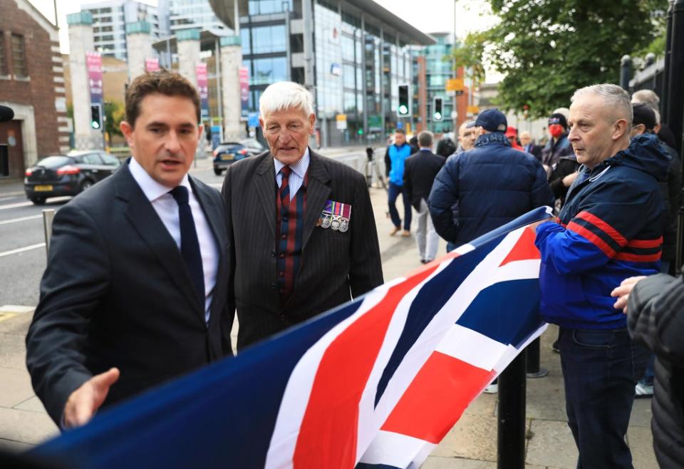 Dennis Hutchings, 80, along with Johnny Mercer (left) former British Army officer and MP, at Laganside Courts, Belfast (Peter Morrison/PA) (PA Wire)