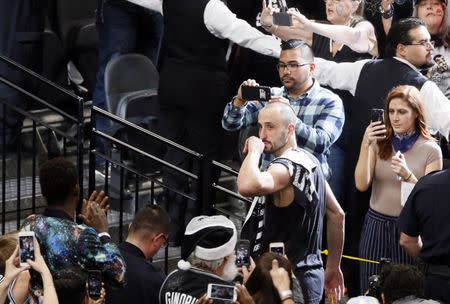 May 22, 2017; San Antonio, TX, USA; San Antonio Spurs shooting guard Manu Ginobili (20) leaves the court after game four of the Western conference finals of the NBA Playoffs at AT&T Center. Mandatory Credit: Soobum Im-USA TODAY Sports