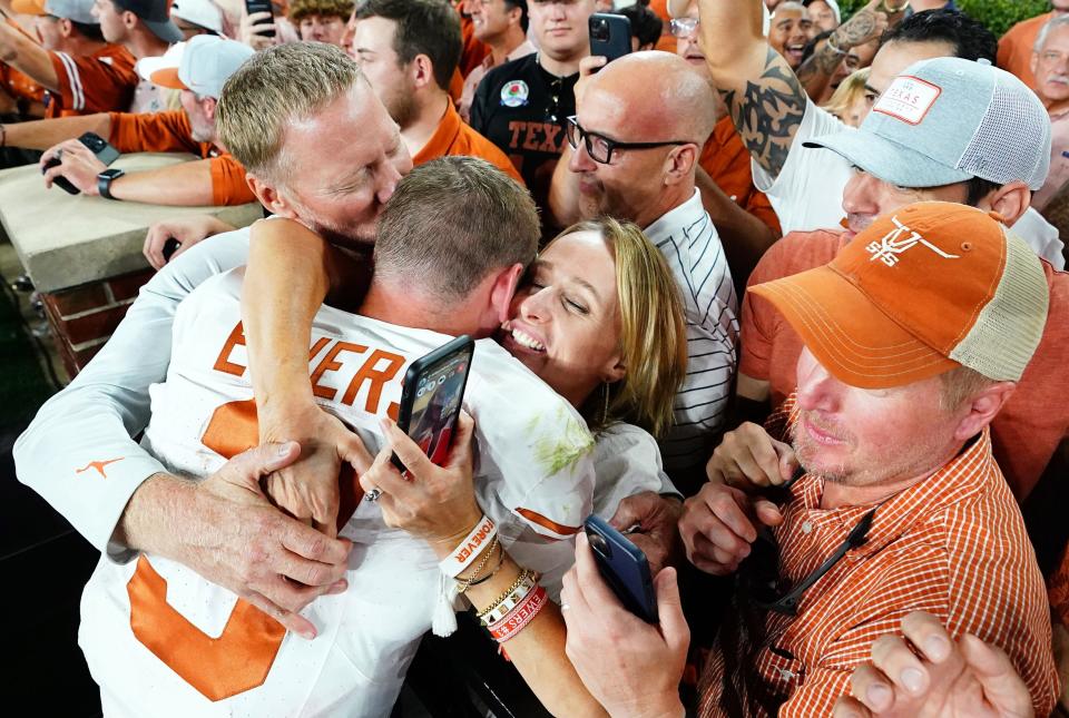 Texas quarterback Quinn Ewers celebrates with his parents after leading the Longhorns to a 34-24 win at Alabama last Saturday. The No. 4 Horns host Wyoming on Saturday.