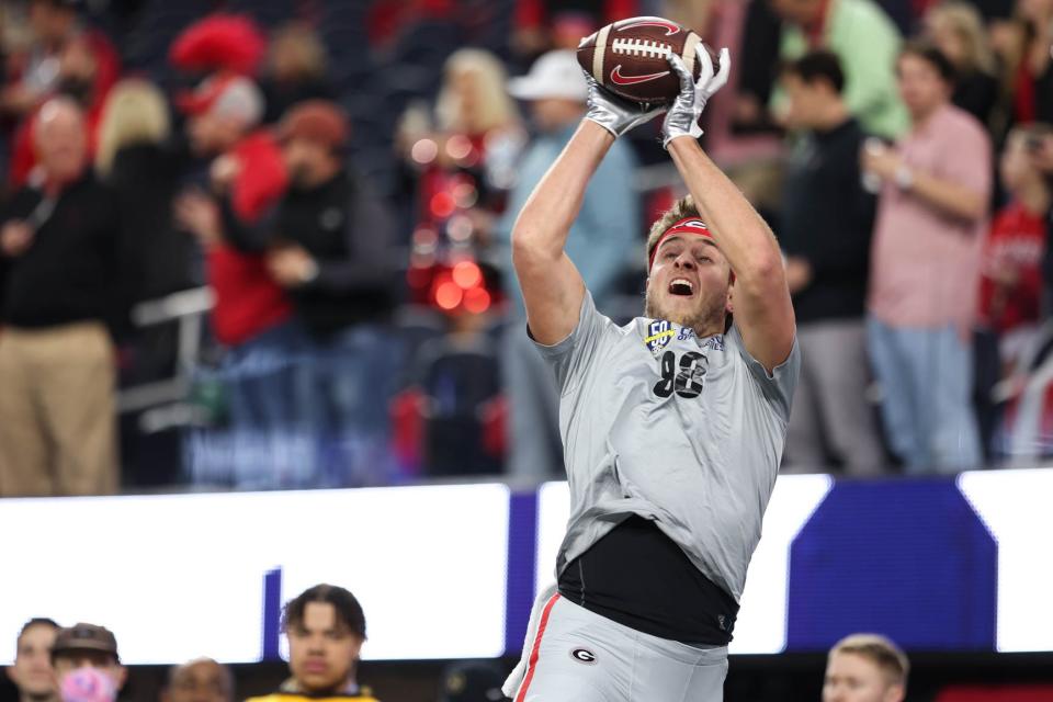 Georgia tight end Ryland Goede (88) catches a pass before the start of the NCAA College Football National Championship game between TCU and Georgia on Monday, Jan. 9, 2023, in Inglewood, Calif.