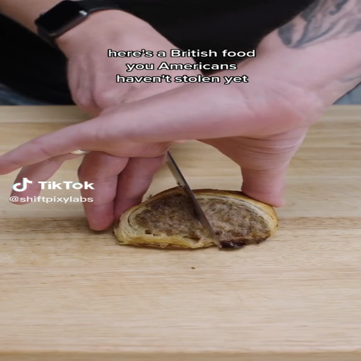 a TikTok screenshot of a meat pastry and the words 