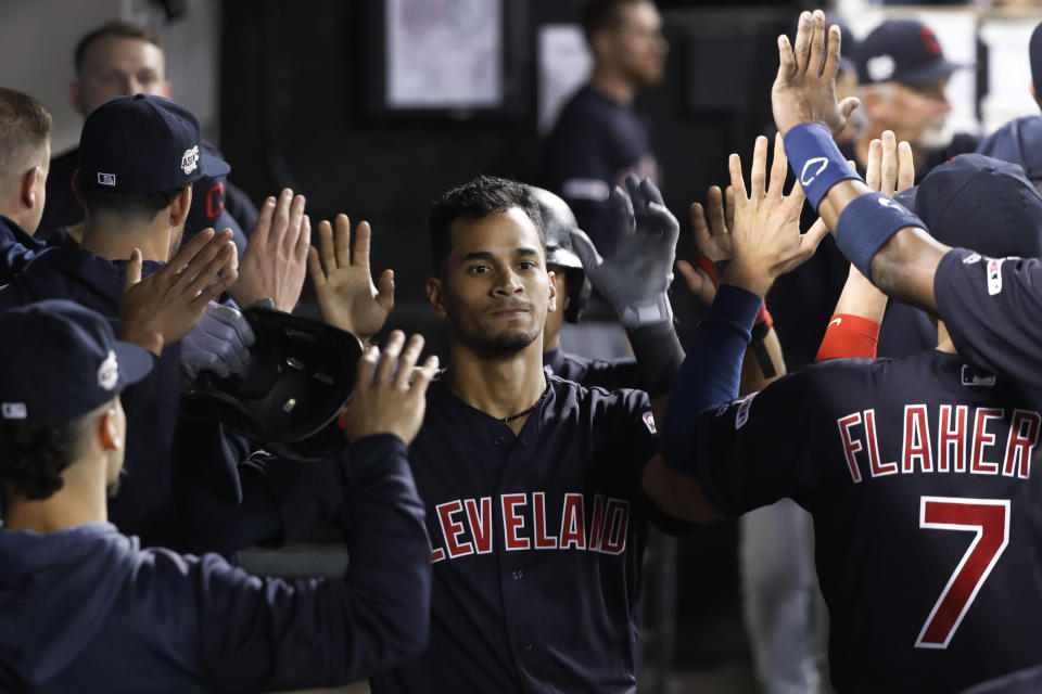 Cleveland Indians' Oscar Mercado celebrates his three-run home run off Chicago White Sox relief pitcher Hector Santiago during the fifth inning of a baseball game Tuesday, Sept. 24, 2019, in Chicago. (AP Photo/Charles Rex Arbogast)