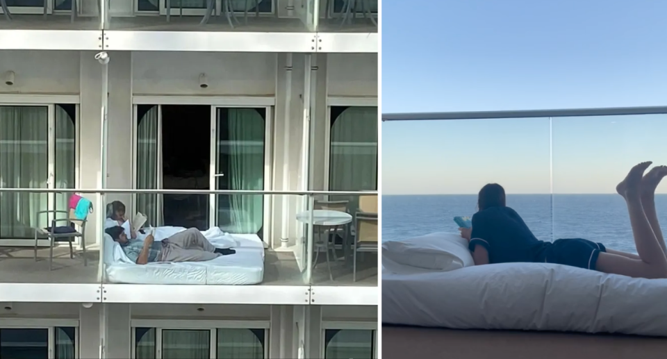 Images of people lying on mattresses on their cruise balconies, reading. 