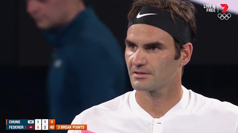 Federer was fired up over the dodgy call. Pic: Seven