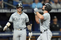 Chicago White Sox's Paul DeJong (29) celebrates his solo home run off Tampa Bay Rays starting pitcher Zach Eflin with Korey Lee (26) during the seventh inning of a baseball game Tuesday, May 7, 2024, in St. Petersburg, Fla. (AP Photo/Chris O'Meara)