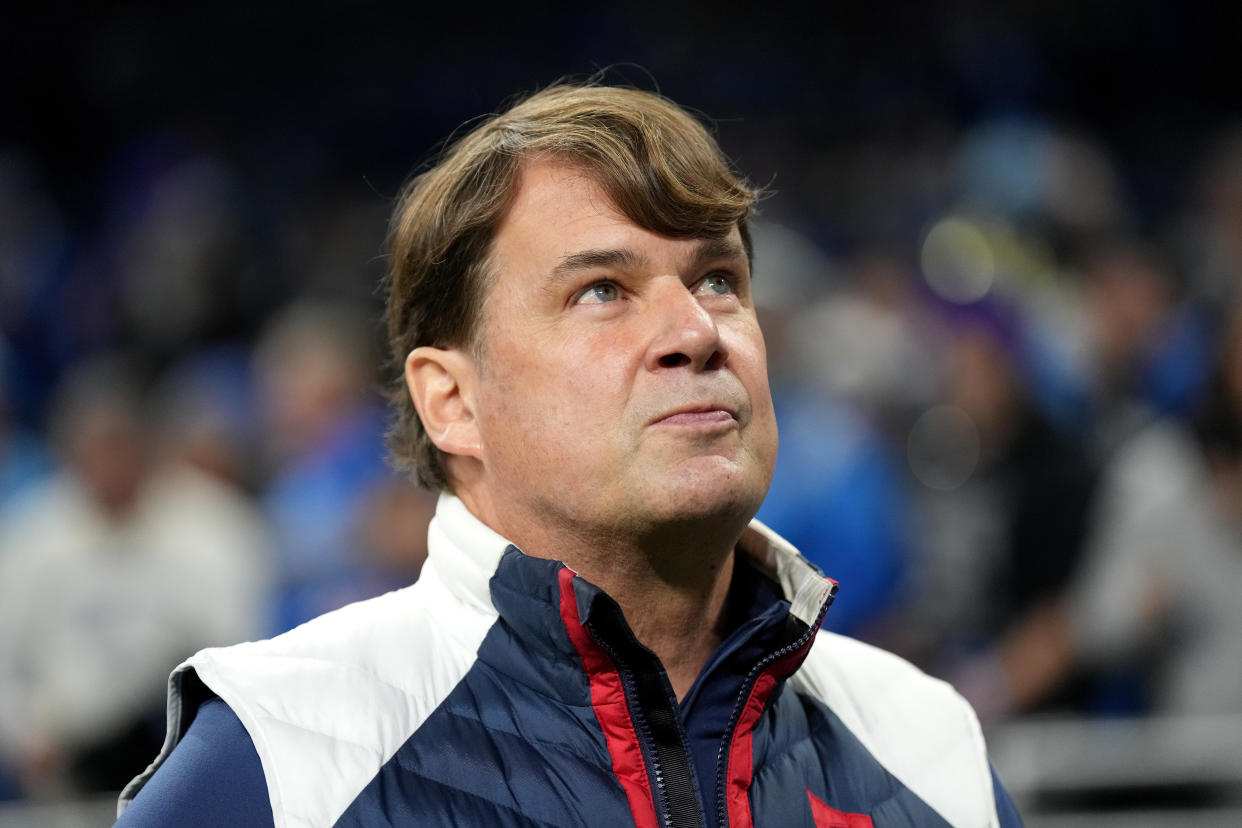 DETROIT, MICHIGAN - JANUARY 14: Ford CEO Jim Farley
looks on before the Detroit Lions play the Los Angeles Rams in the NFC Wild Card Playoffs at Ford Field on January 14, 2024 in Detroit, Michigan. (Photo by Nic Antaya/Getty Images)
