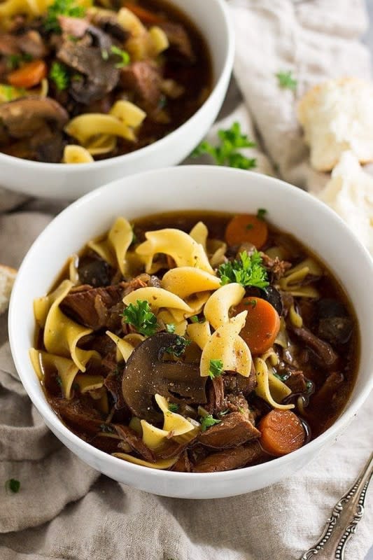 <p>Julie's Eats and Treats</p><p>Forget the chicken noodle soup! Try beef and noodle soup instead for your family.</p><p><strong>Get the Recipe: <a href="https://www.julieseatsandtreats.com/crock-pot-beef-and-noodle-soup/" rel="nofollow noopener" target="_blank" data-ylk="slk:Crock Pot Beef and Noodle Soup;elm:context_link;itc:0;sec:content-canvas" class="link rapid-noclick-resp">Crock Pot Beef and Noodle Soup</a></strong></p>