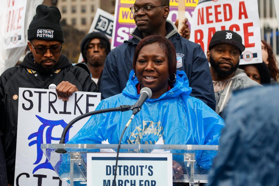 UAW secretary-treasurer Margaret Mock speaks during Detroit's March for Workers' Rights and Economic Justice at Hart Plaza in downtown Detroit on on Thursday, Oct. 19, 2023.