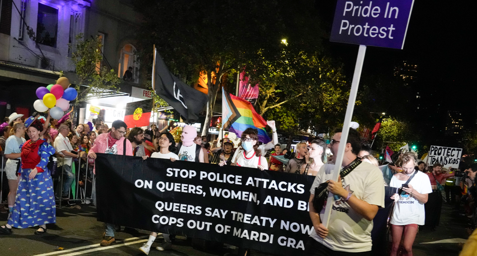 Anti-police in pride protesers on Oxford St in Sydney. 