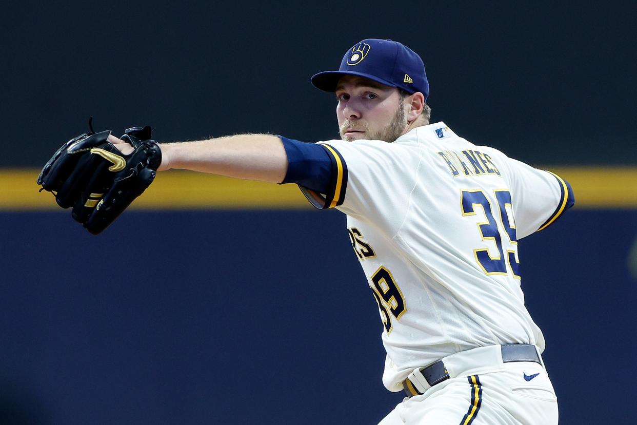 MILWAUKEE, WISCONSIN - SEPTEMBER 28: Corbin Burnes #39 of the Milwaukee Brewers delivers in the first inning against the St. Louis Cardinals at American Family Field on September 28, 2023 in Milwaukee, Wisconsin. (Photo by John Fisher/Getty Images)
