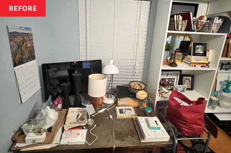 Before: Cluttered office with desk in front of window