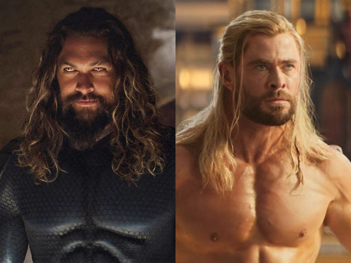 Left: Jason Momoa as Aquaman in "Aquaman and the Lost Kingdom." Right: Chris Hemsworth as Thor in "Thor: Love and Thunder."