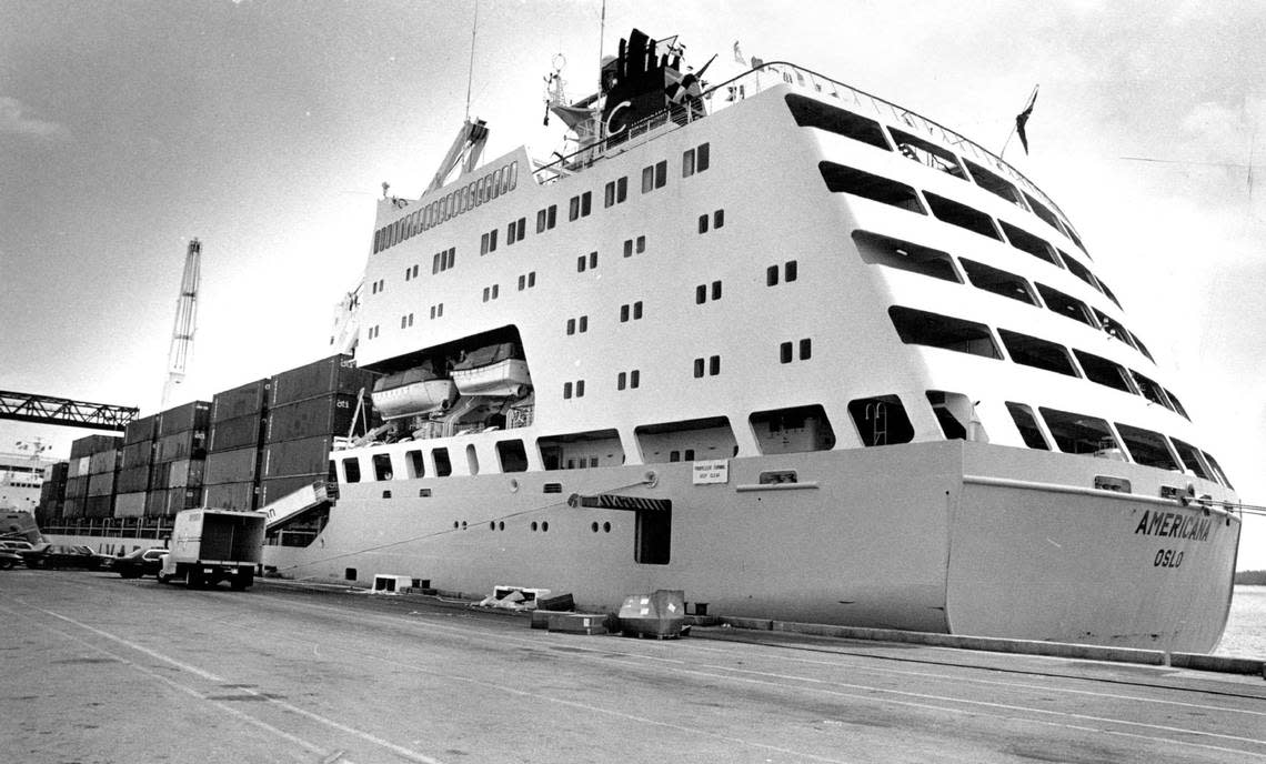 The combination cruise/freighter Americana at the Port of Miami in 1988. The ship held 1,120 cargo containers and 1,050 cubic meters of liquid and also 108 passengers.