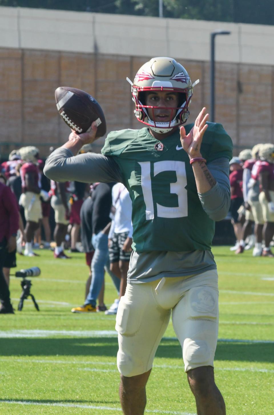 Florida State football players take part in drills during an FSU spring football practice of the 2023 season on Thursday, March 30.