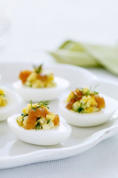 Deviled Eggs with Smoked Salmon and Cucumbers