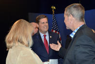 Massachusetts state Rep. Geoff Diehl, center, chats with audience members after a U.S. Senatorial debate against U.S. Sen. Elizabeth Warren at the WGBY-TV studio in Springfield, Mass., Sunday, Oct. 21, 2018. (Frederick Gore/The Republican via AP)