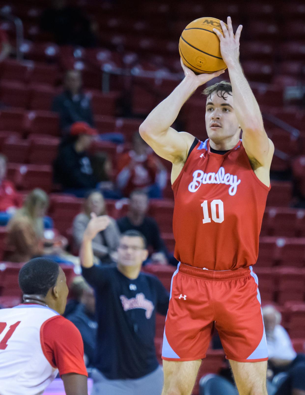 Bradley's Connor Hickman (10) puts up a shot over the White Team during the annual Red-White Scrimmage on Saturday, Oct. 21, 2023 at Renaissance Coliseum.