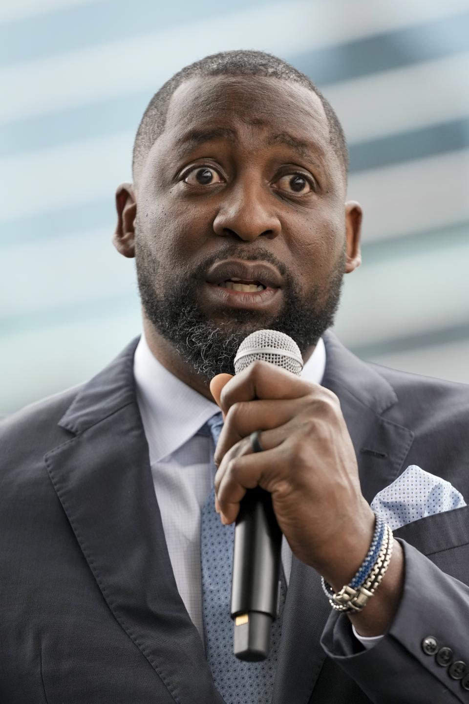 Milwaukee Bucks new head coach Adrian Griffin speaks after being introduced at a news conference Tuesday, June 6, 2023, in Milwaukee. (AP Photo/Morry Gash)