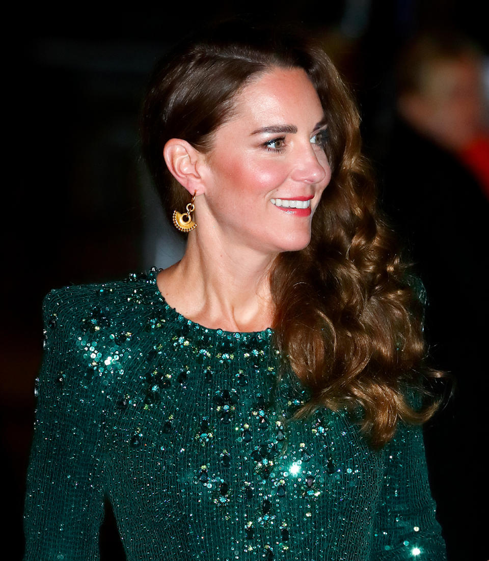 Catherine, Duchess of Cambridge wears a green sequin dress at the Royal Variety Performance at the Royal Albert Hall on November 18, 2021 in London, England