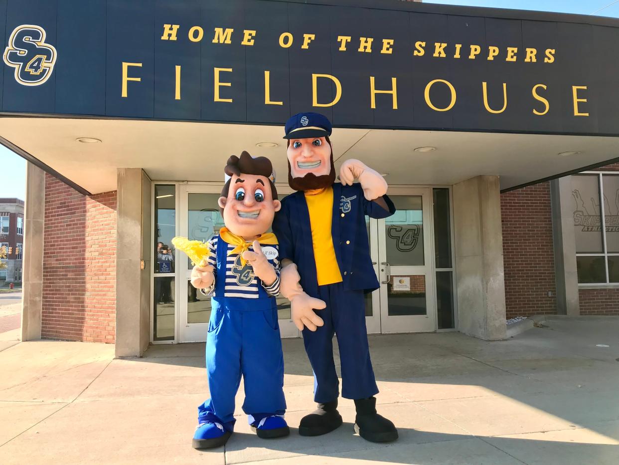 St. Clair County Community College mascots Lil' Skip and Skip pose for a photo outside SC4 Fieldhouse in Port Huron on Nov. 8, 2021.