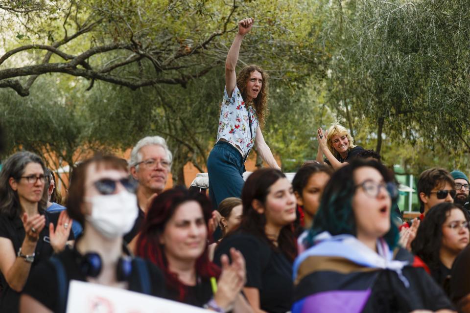 Students join a statewide student walkout to protest Gov. Ron DeSantis's education policies at the University of South Florida in Tampa in February.