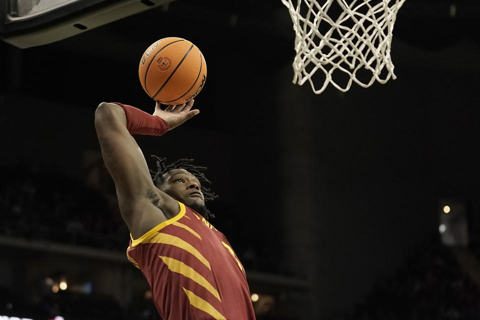 Iowa State forward Tre King shoots during the first half of an NCAA college basketball game against Baylor in the second round of the Big 12 Conference tournament Thursday, March 9, 2023, in Kansas City, Mo. (AP Photo/Charlie Riedel)